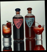 Ghia non-alcoholic aperitif bottles with garnished cocktails featuring cherries and strawberries.