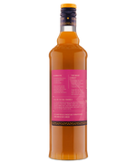 Full back view of a golden liquor bottle with a pink label showing product information.