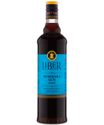 Front view of a dark brown bottle with a vibrant blue label and a yellow emblem, against a white background.