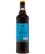 Back view of a dark brown bottle showcasing a detailed blue label with text and a barcode, on a white backdrop.