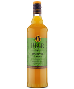 Glass bottle with green Liber label and yellow liquid, featuring pineapple flavor for beverages.