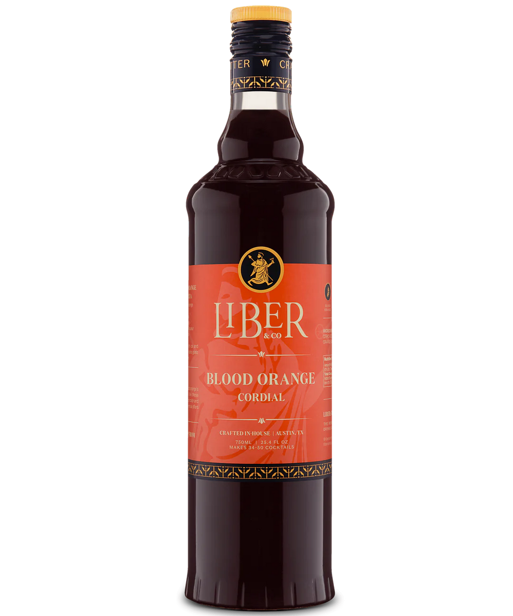 Glass bottle with Liber branding, red label, and dark liquid, featuring blood orange flavor.