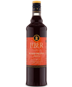 Glass bottle with Liber branding, red label, and dark liquid, featuring blood orange flavor.