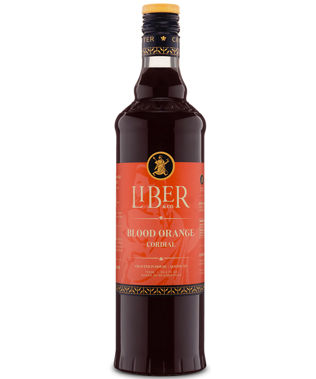 Glass bottle with Liber branding, red label, and dark liquid, featuring blood orange flavor. Hover Image
