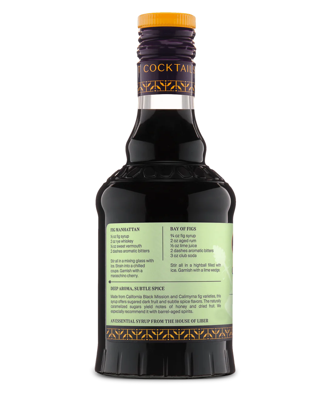 Back view of a glass bottle with a pale green label and dark liquid, perfect for cocktail mixes.