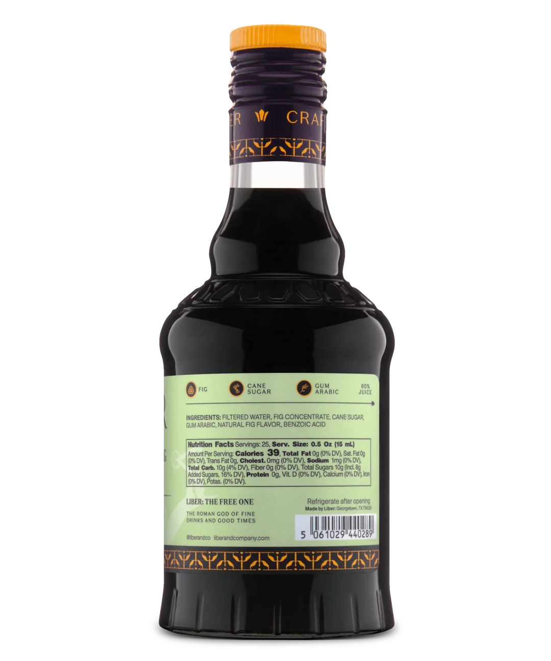 Back view of a glass bottle with pale green label and dark liquid, ideal for cocktails or desserts.