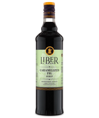 Front view of a glass bottle with Liber branding, pale green label, and dark liquid, featuring caramelized fig syrup.