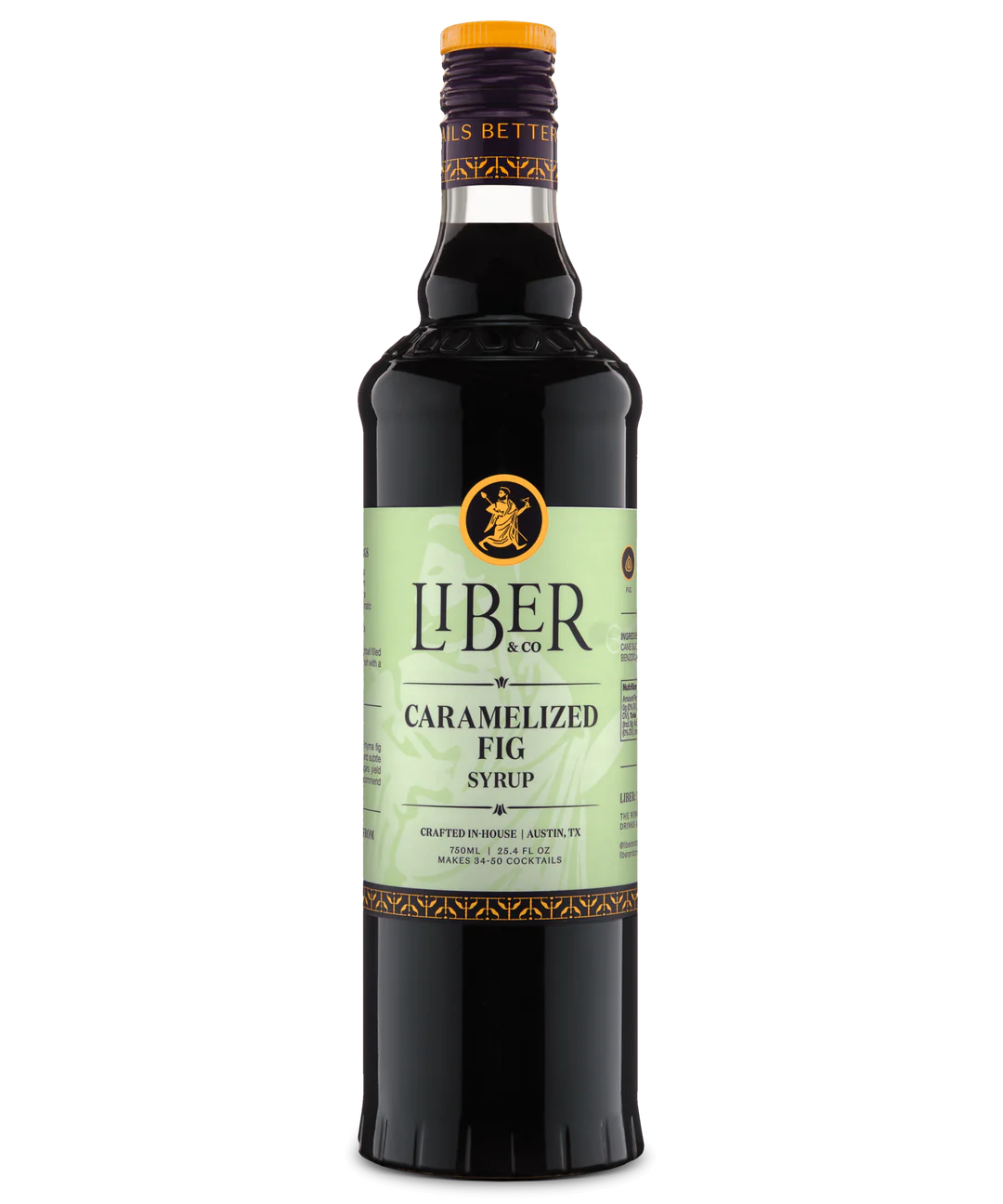 Front view of a glass bottle with Liber branding, pale green label, and dark liquid, featuring caramelized fig syrup.
