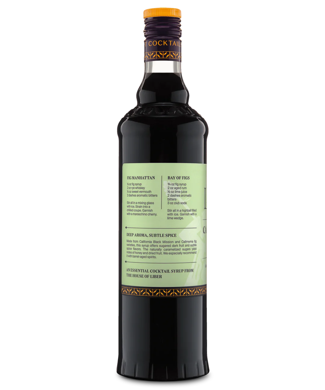 Detailed back view of a glass bottle with green label and dark liquid, perfect for mixing cocktails.