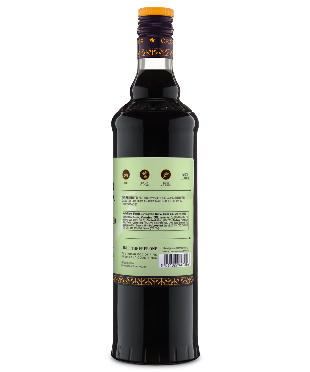 Side view of a tall glass bottle with pale green label and dark liquid, suitable for gourmet beverages.