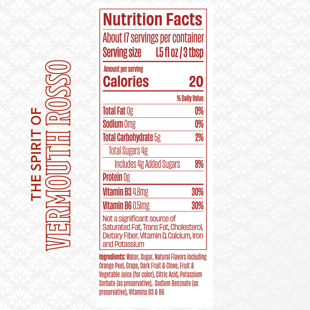 Nutrition facts for Free Spirits Vermouth Rosso showing 20 calories per serving, ingredients, and vitamin details.