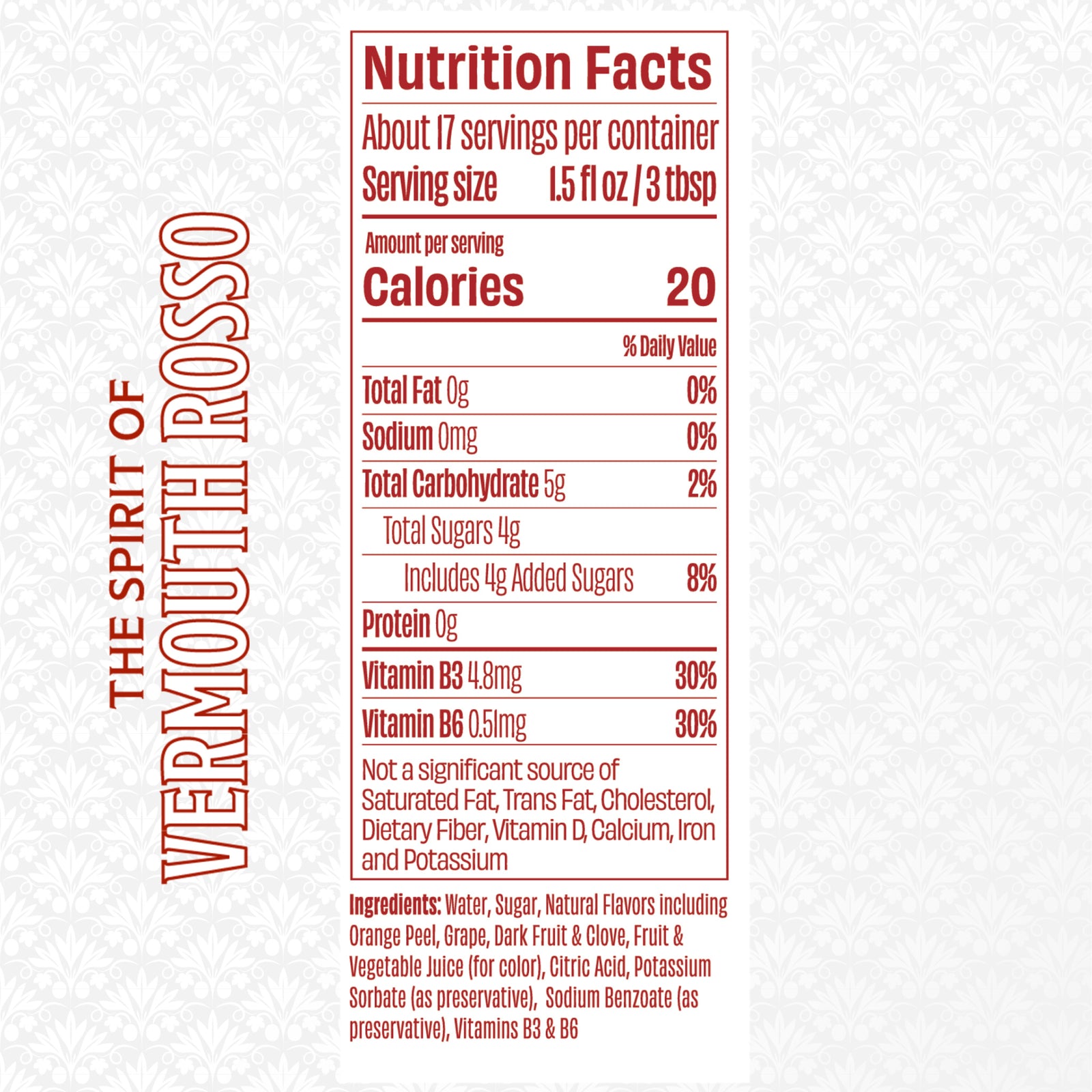 Nutrition facts for Free Spirits Vermouth Rosso showing 20 calories per serving, ingredients, and vitamin details.