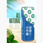 All-natural drink can with green and white design, featuring mint leaves and tropical beach vibes.