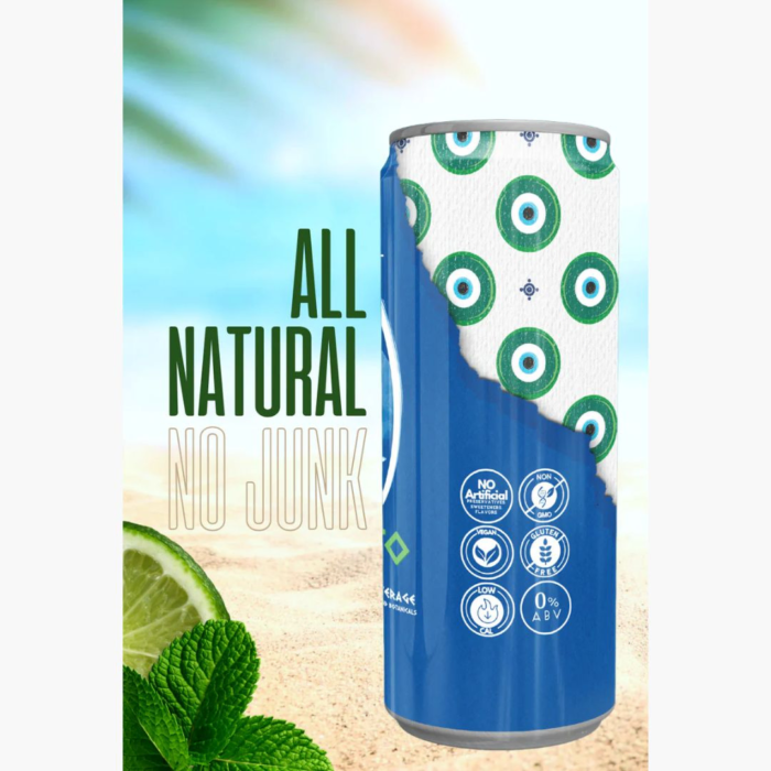 All-natural drink can with green and white design, featuring mint leaves and tropical beach vibes.