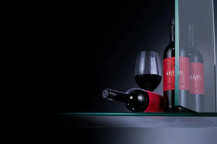 Red wine bottle with a filled glass on a reflective surface, set against a dark, minimalist background.