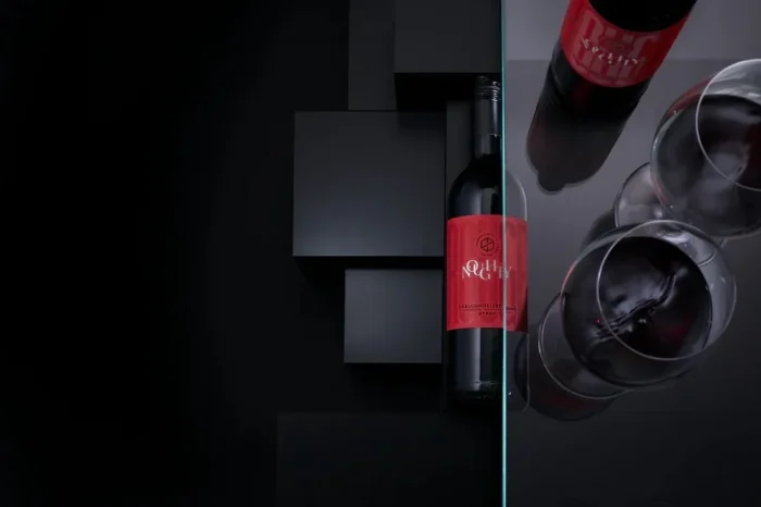 Stylish red wine bottle and glass on a reflective surface, paired with a modern black geometric backdrop.