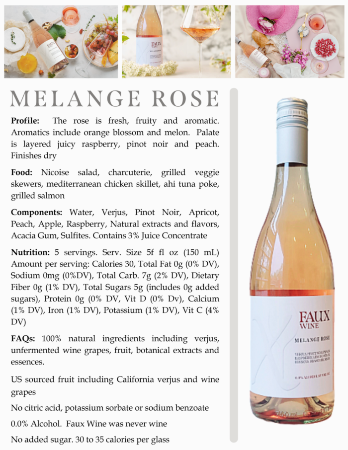 Melange Rosé wine description with tasting notes, food pairings, ingredients, and nutrition facts.