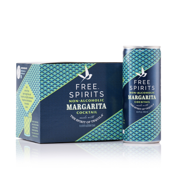 Free Spirits Margarita non-alcoholic cocktail box and can, showcasing sleek blue and green design