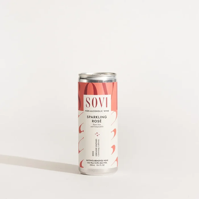 Sovi Sparkling Rosé can with minimalist design on a plain white background, emphasizing elegance.